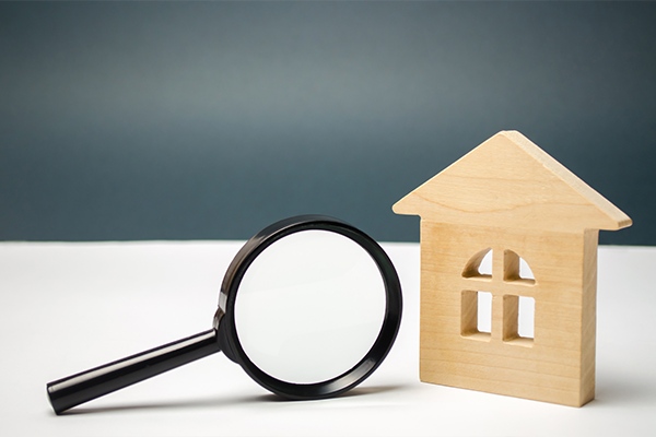 An image of a wooden house and a magnifying glass. this is to illustrate house surveying.